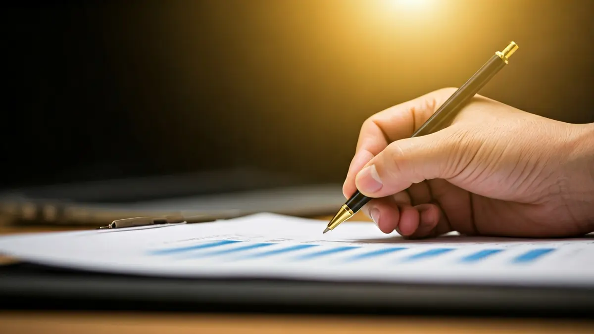 Imagen genérica de un informe financiero con números y gráficos borrosos, y una mano sosteniendo un bolígrafo.