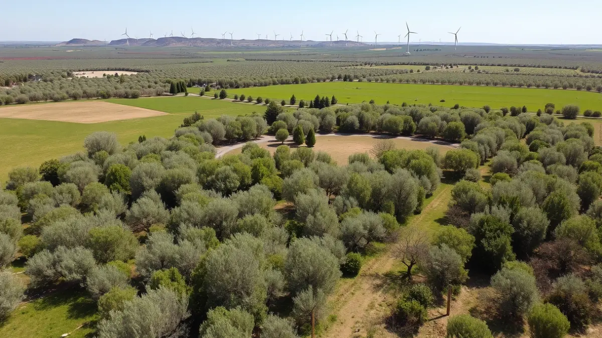 Imagen aérea de los Llanos de Chiribaile en El Padul, mostrando almendros y olivos.