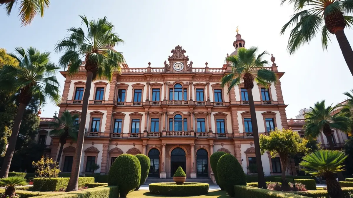 Facade of Villa Luisa Palace in Seville, surrounded by its gardens.