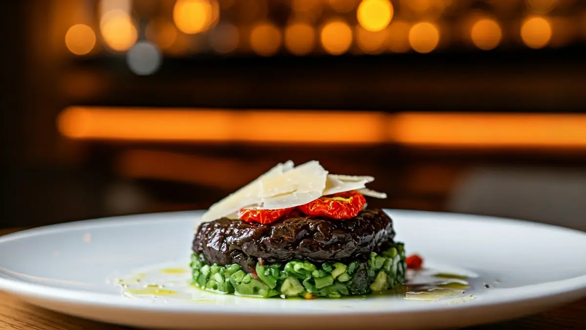 Dish of mojama with dehydrated tomatoes and parmesan at El Panzón restaurant in Seville.