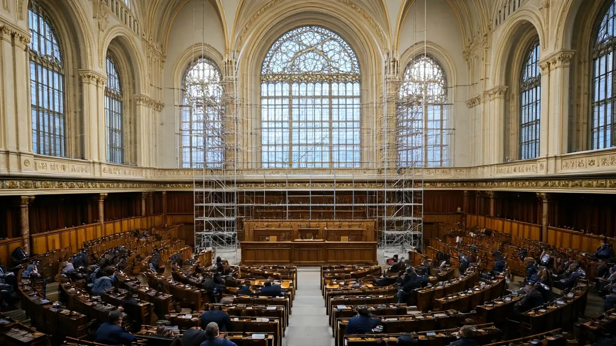 Image of the renovation works in the plenary hall of the Parliament of Andalusia in Seville.