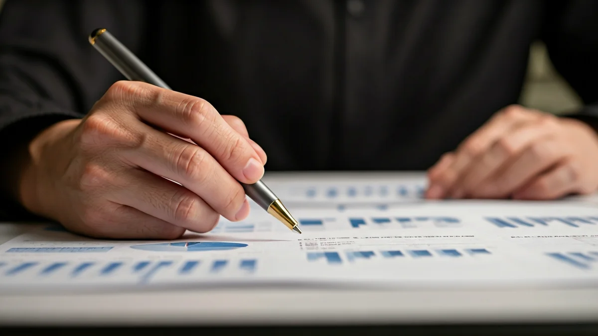 Generic image of a hand with a pen over a financial report, symbolizing economic analysis.