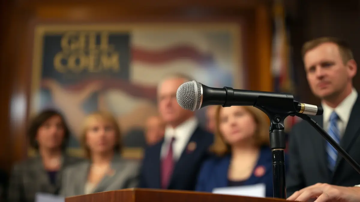 Generic image of a microphone on a podium during a political event.