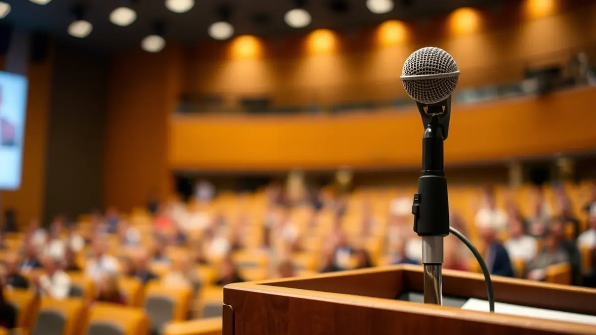 Imagen genérica de un micrófono en un podio durante un foro o reunión política.