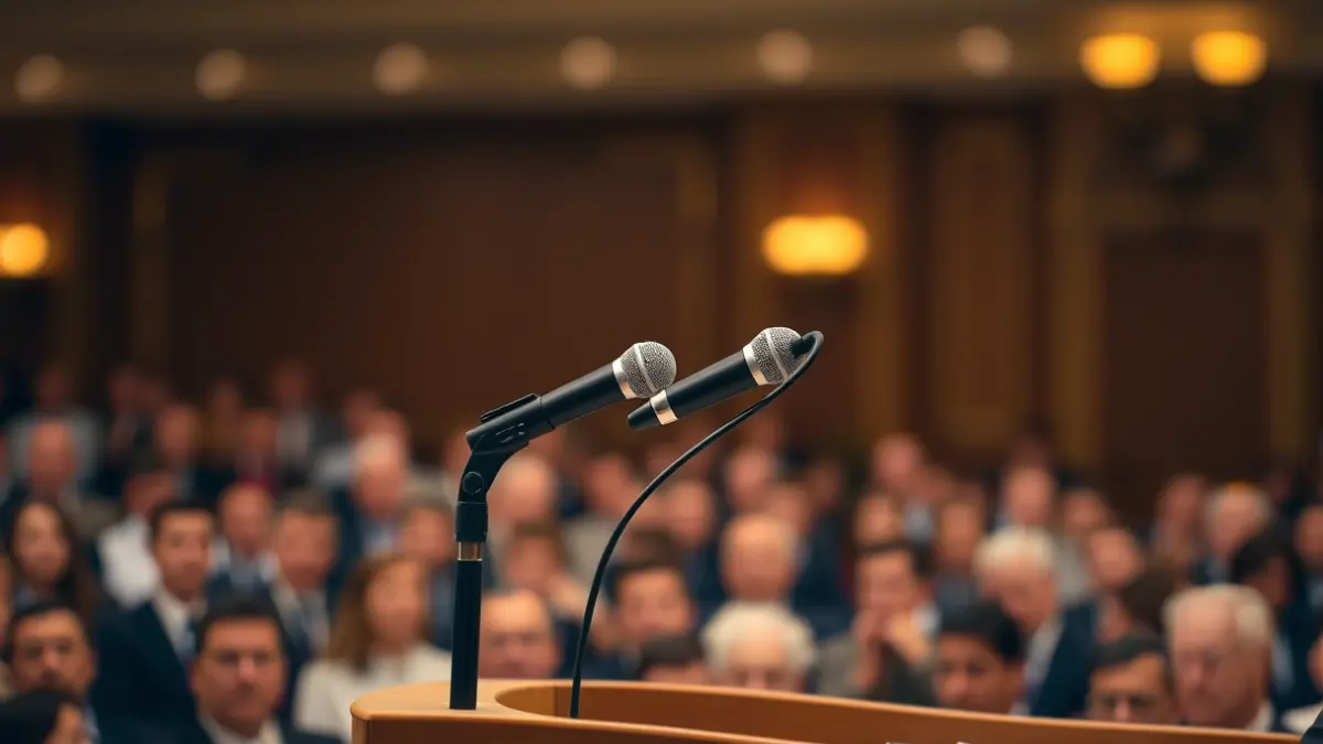 Generic image of a microphone on a podium, symbolizing a political event or statement.