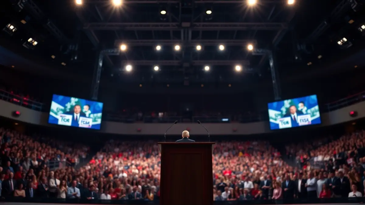 Imagen genérica de un escenario de auditorio con un podio y luces brillantes, con una audiencia difuminada al fondo.