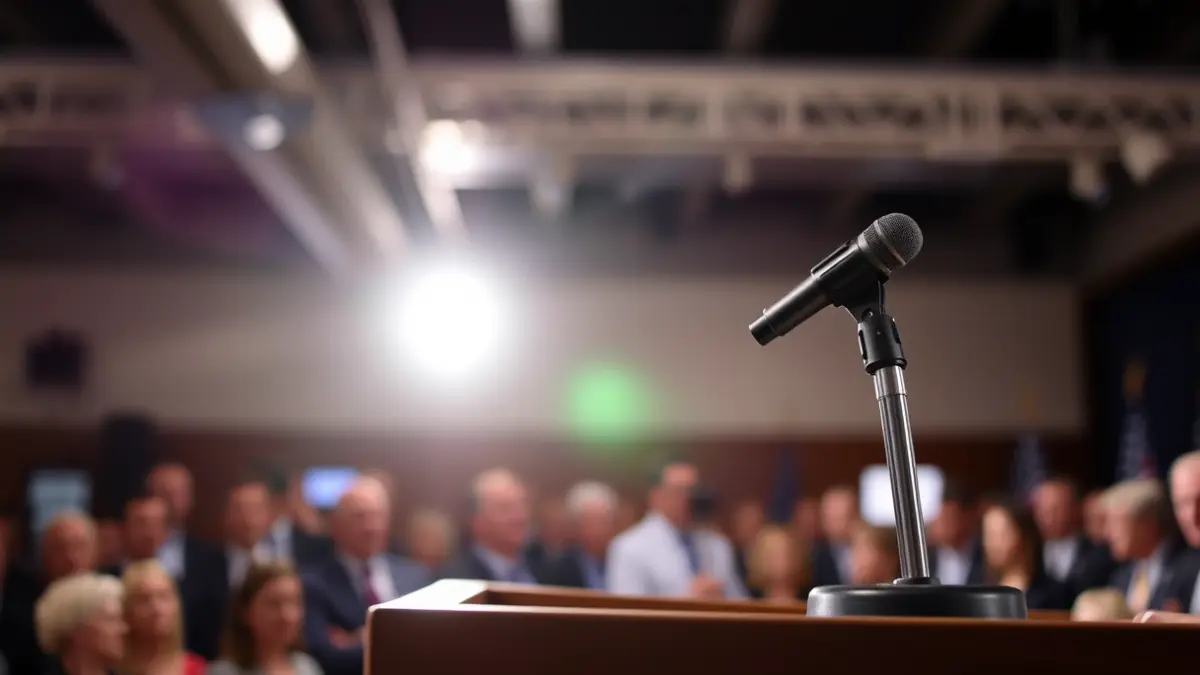 Imagen genérica de un micrófono en un podio durante un evento político.