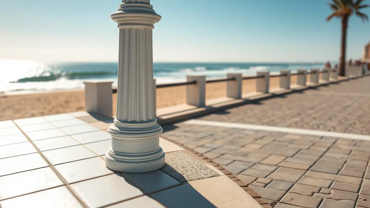 Renovated Cádiz promenade with white tiles and painted lampposts.