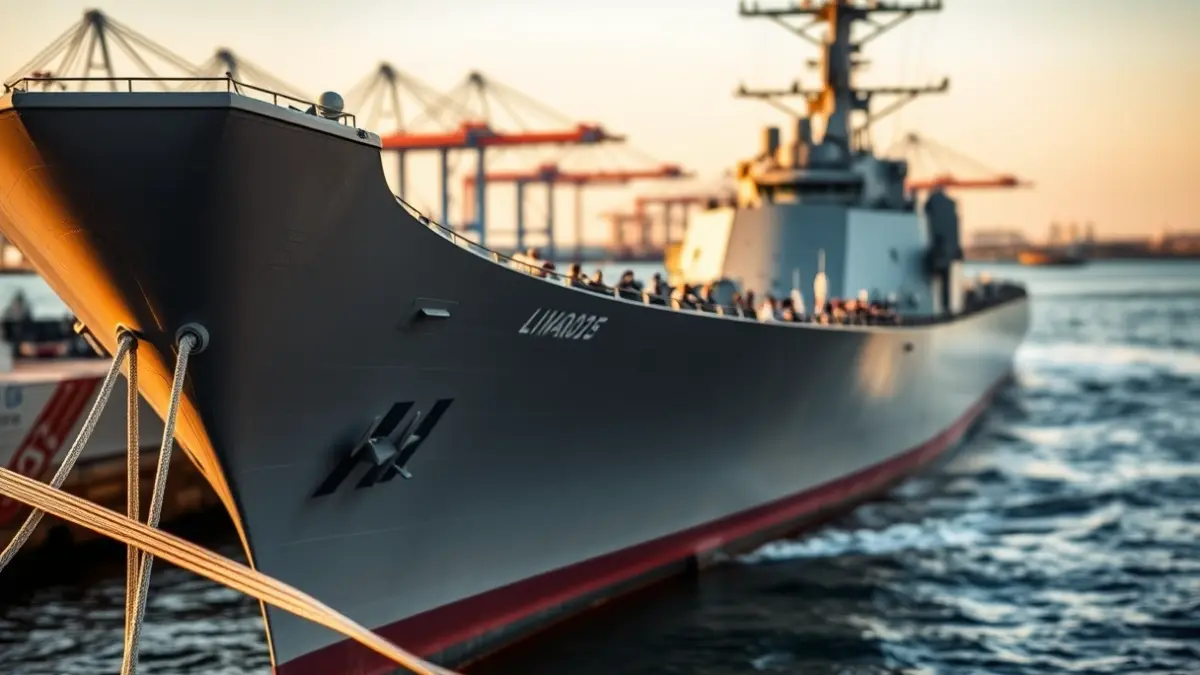 Image of a guided-missile destroyer docked at a naval base.