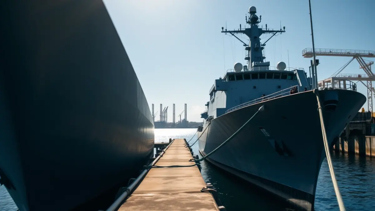 Image of a naval destroyer docked at Rota Base, with industrial facilities in the background.