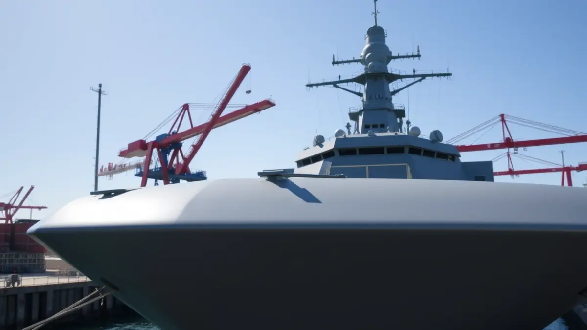 Imagen de un destructor naval en un puerto con instalaciones industriales al fondo.