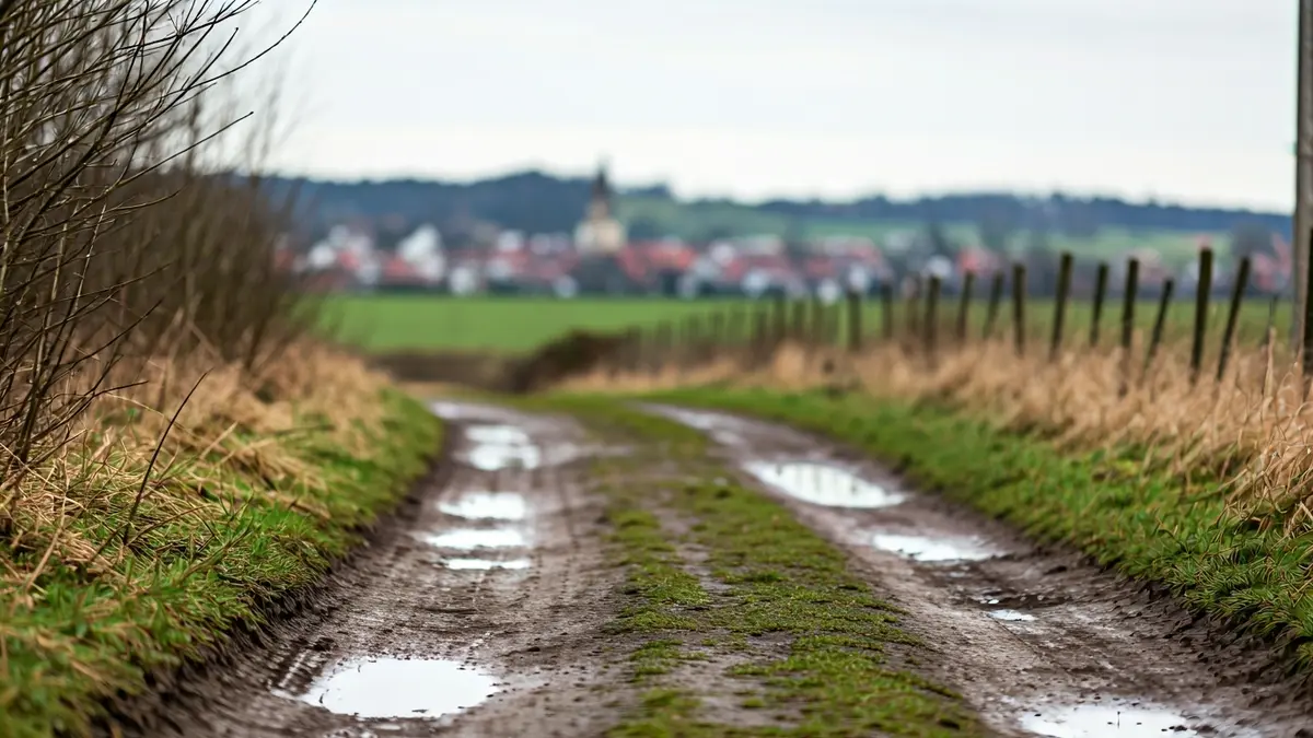 Dirt path with puddles and rain marks, being prepared for a pilgrimage.