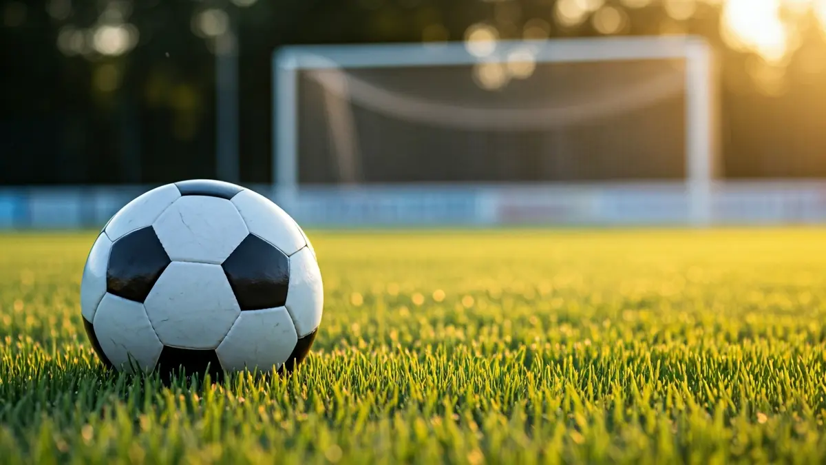 Imagen genérica de un balón de fútbol en el césped, con la portería desenfocada al fondo.