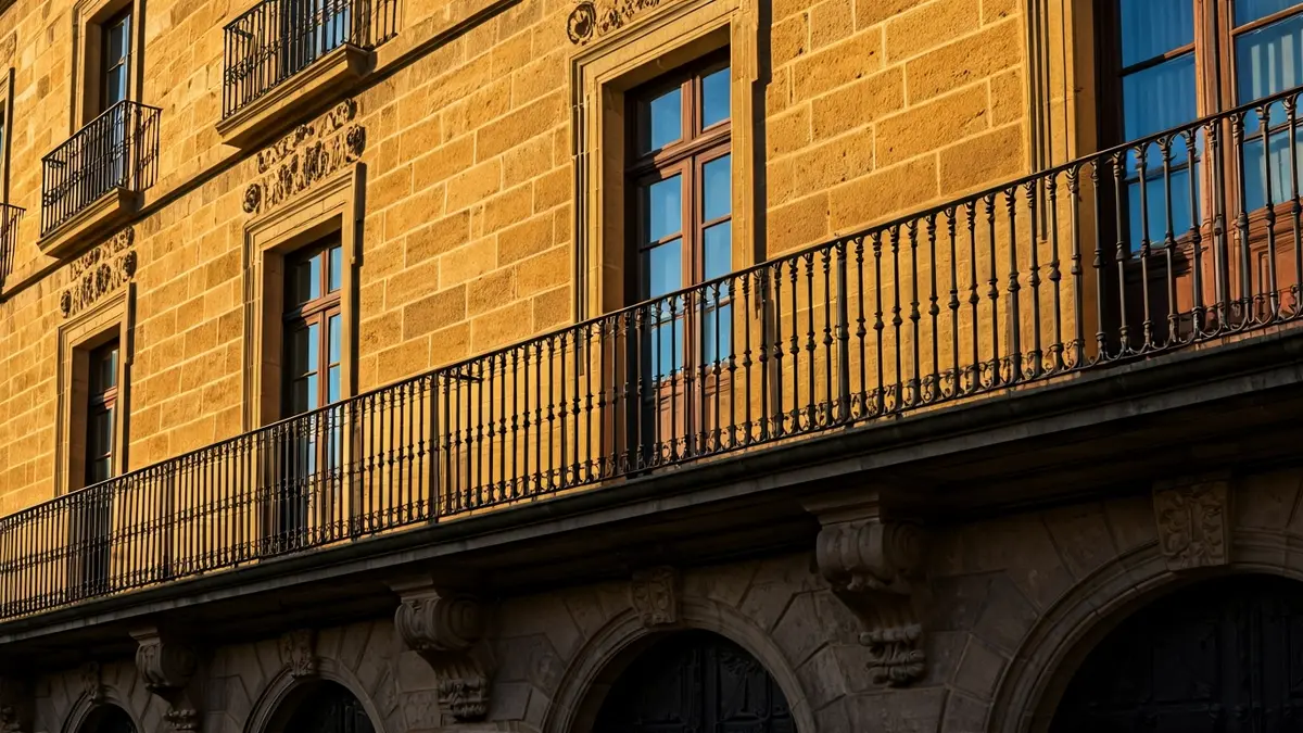 Fachada de un ayuntamiento andaluz con balcón y rejas de hierro, bajo la luz del sol de la tarde.