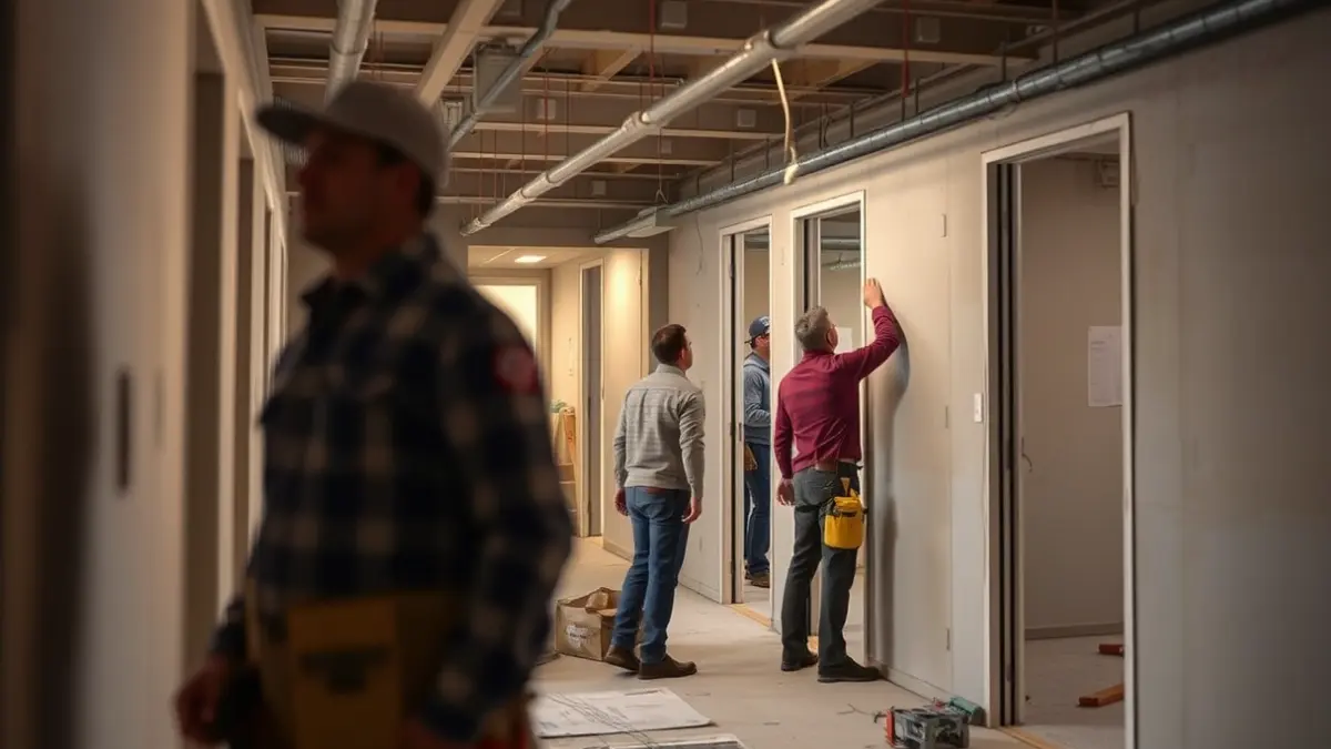 Trabajos de tabiquería interior en una obra de construcción.