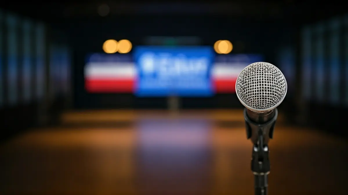 Generic image of a podium with a microphone in a press room, symbolizing a political announcement.