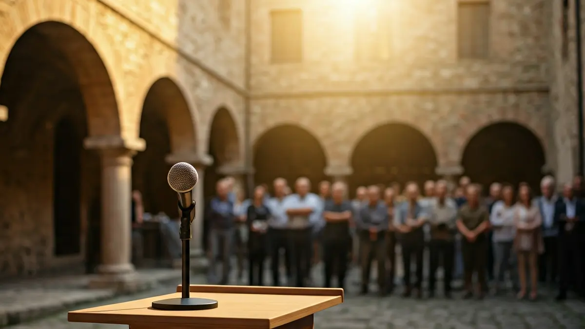 Image of a microphone on a podium in an old courtyard, representing a political event.