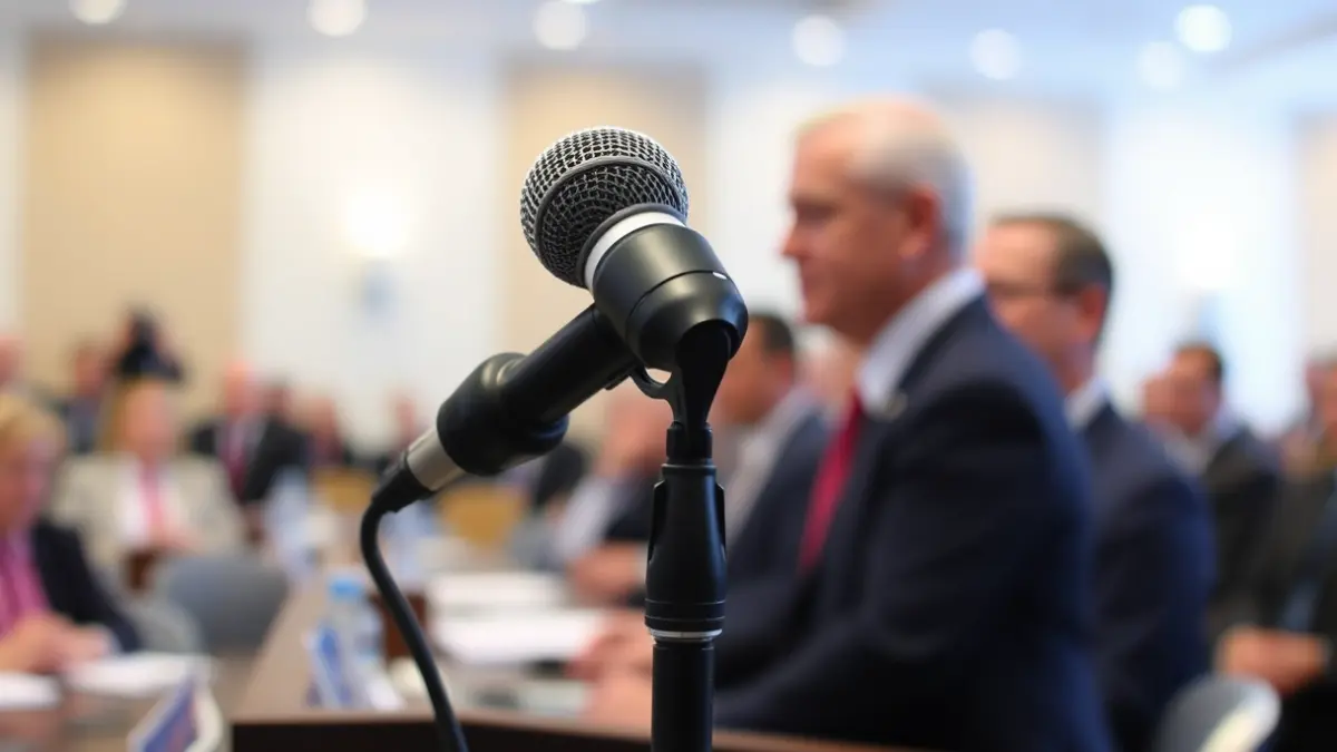 Imagen genérica de un micrófono en un atril durante una rueda de prensa.