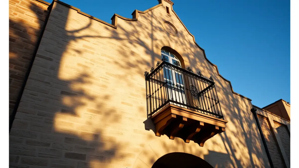 Fachada de un ayuntamiento de piedra con balcón y rejas de hierro, bajo la luz del sol de la tarde.