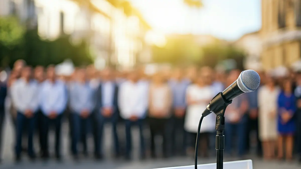 Imagen genérica de un atril con micrófono en un evento político al aire libre.