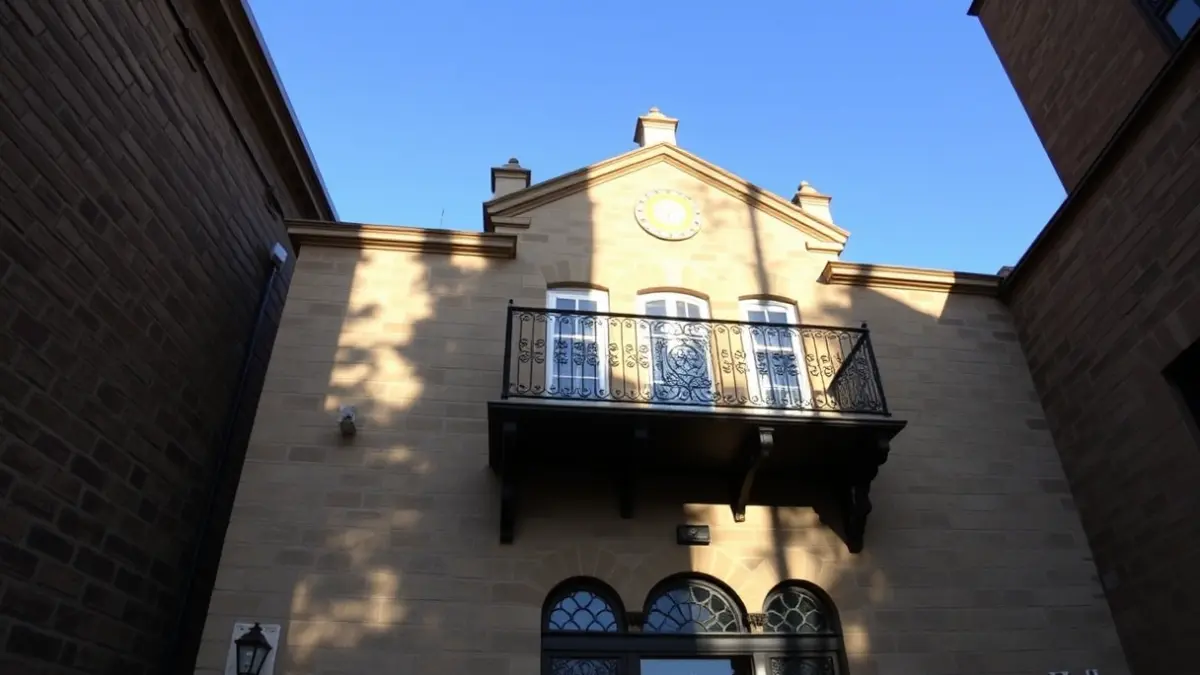 Fachada de un ayuntamiento de piedra con balcón y rejas de hierro, bajo la luz del sol de la tarde.