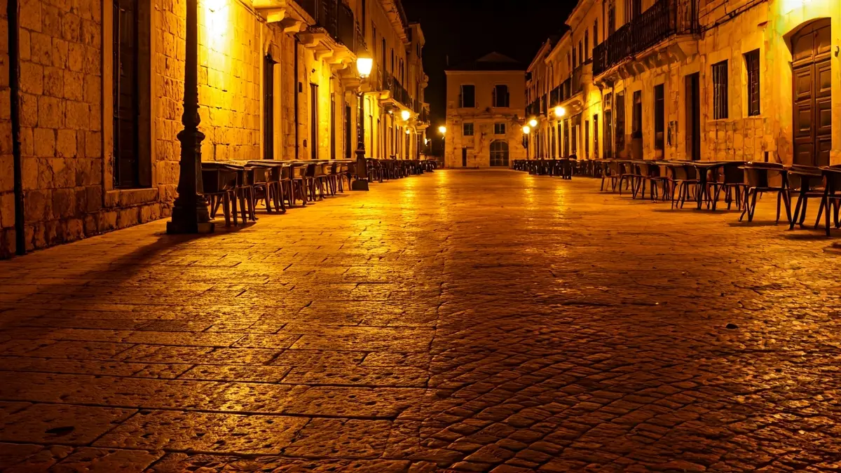 Imagen de una plaza desierta en una ciudad mediterránea por la noche, con farolas y sillas de café, simbolizando el abandono.