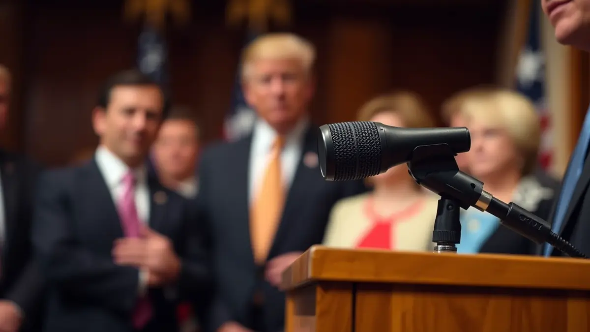 Generic image of a microphone on a podium during a political event.