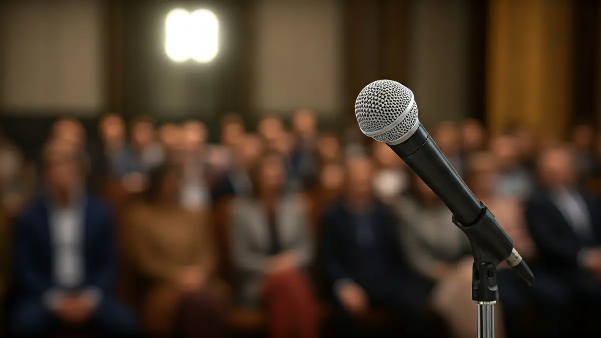 Generic image of a microphone on a podium during a political event.