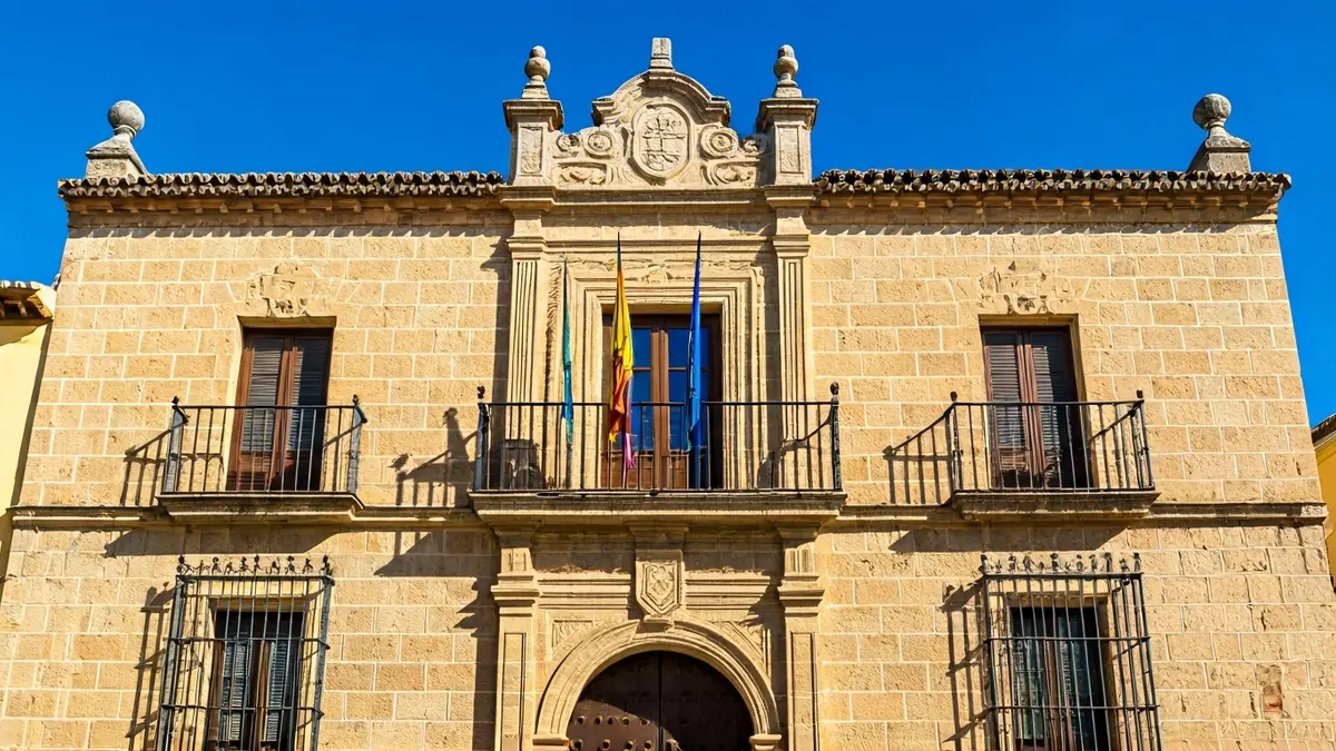 Andalusian town hall facade with balcony and iron railings, under sunlight.