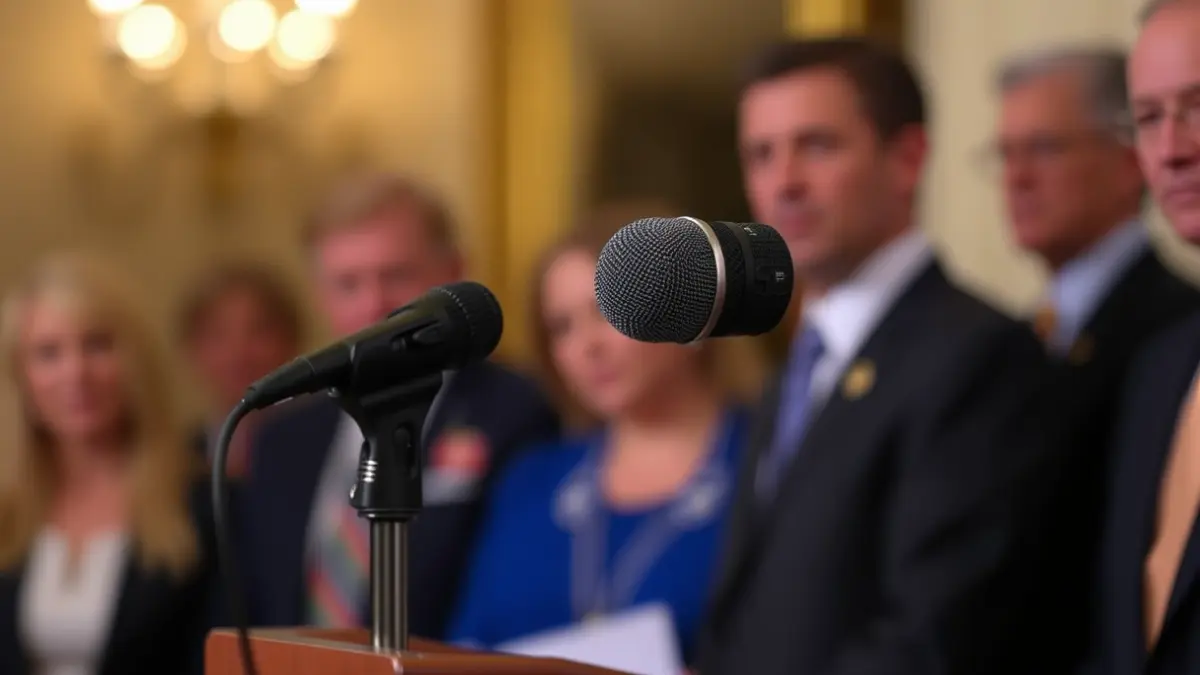 Generic image of a microphone on a podium during a press conference.
