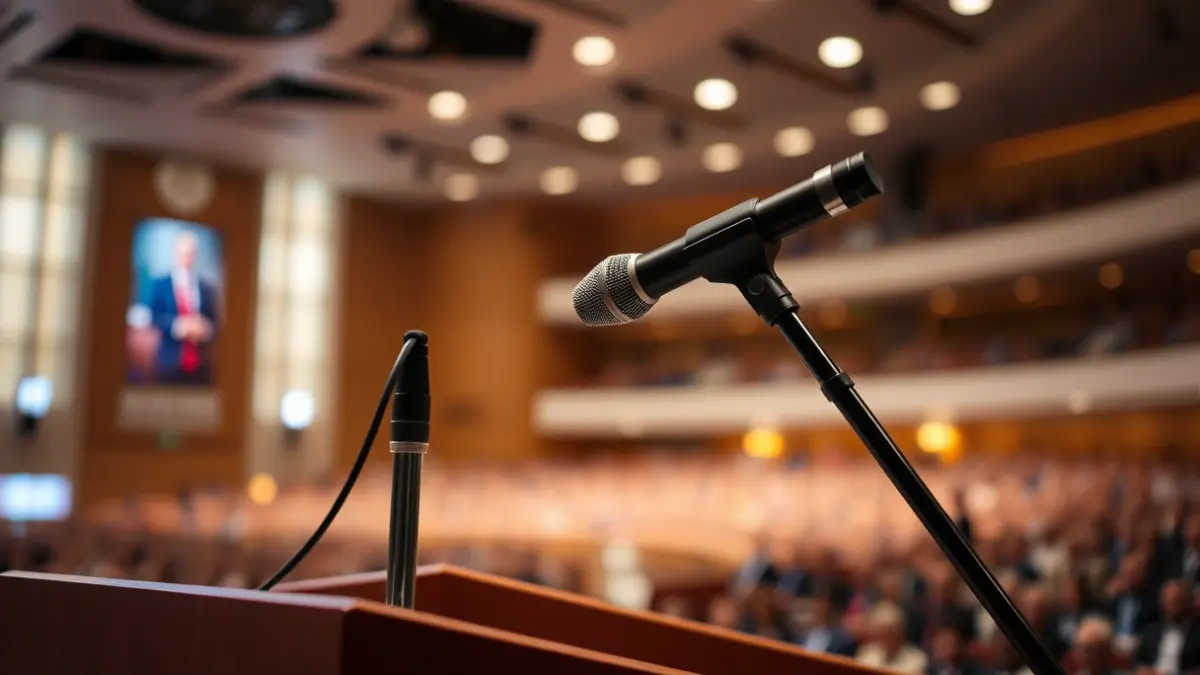 Imagen genérica de un micrófono en un podio durante un evento político.