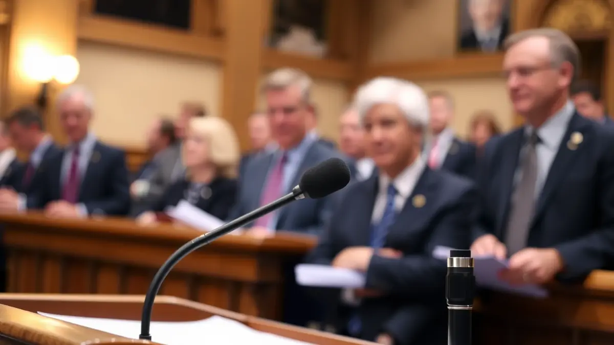 Imagen genérica de un micrófono en un atril en un entorno parlamentario.