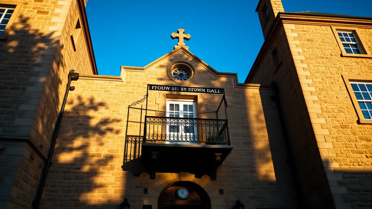 Facade of a town hall with a balcony and iron railings, under the afternoon sunlight.
