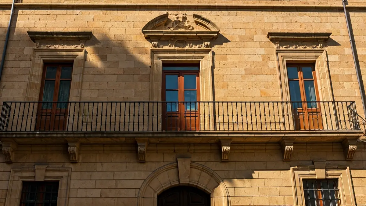 Fachada de un ayuntamiento de estilo andaluz con balcón y barandillas de hierro forjado