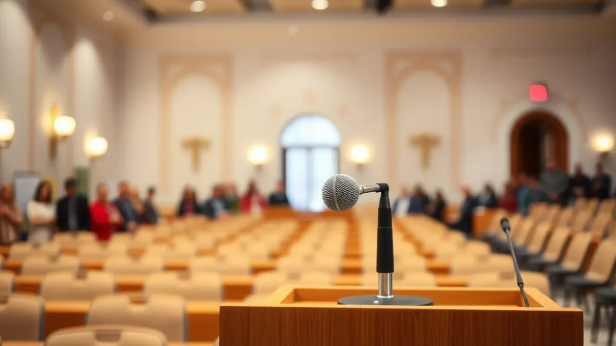 Generic image of a microphone on a podium at a political event.