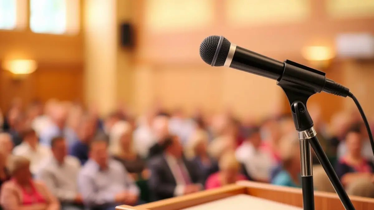 Imagen genérica de un micrófono en un atril durante un acto político o comunitario.