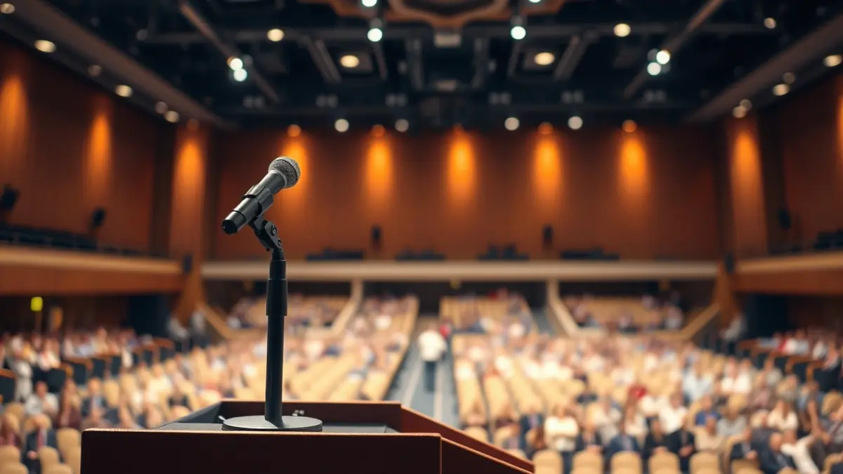 Generic image of a microphone on a podium at a political event.