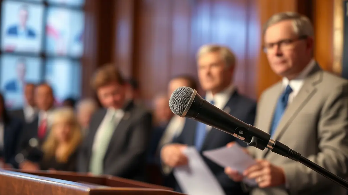 Generic image of a microphone on a podium, symbolizing a political debate or official statement.