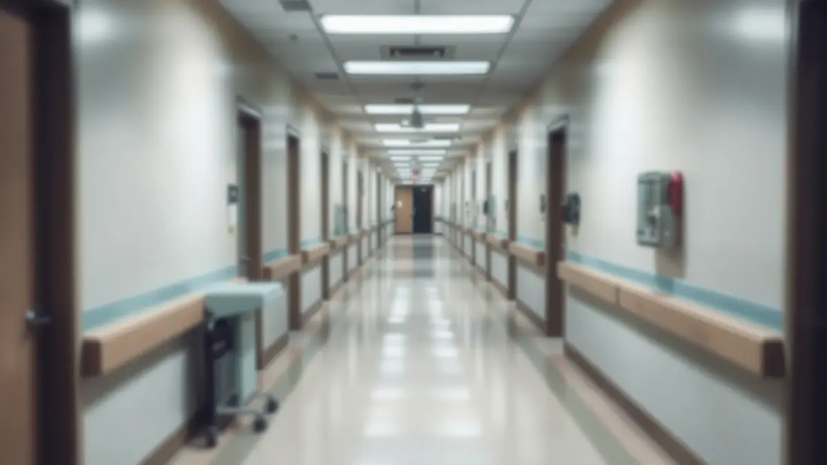 Imagen genérica de un pasillo de hospital, con iluminación suave y estéril, vacío y silencioso.