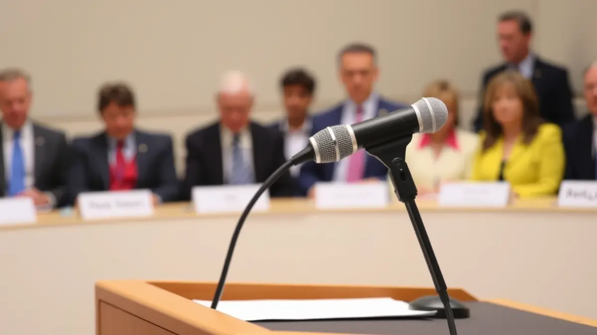 Imagen genérica de un micrófono en un podio durante una reunión política.