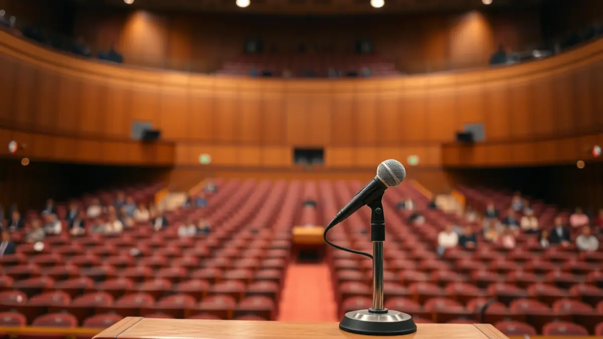 Generic image of a microphone on a podium at a political event.