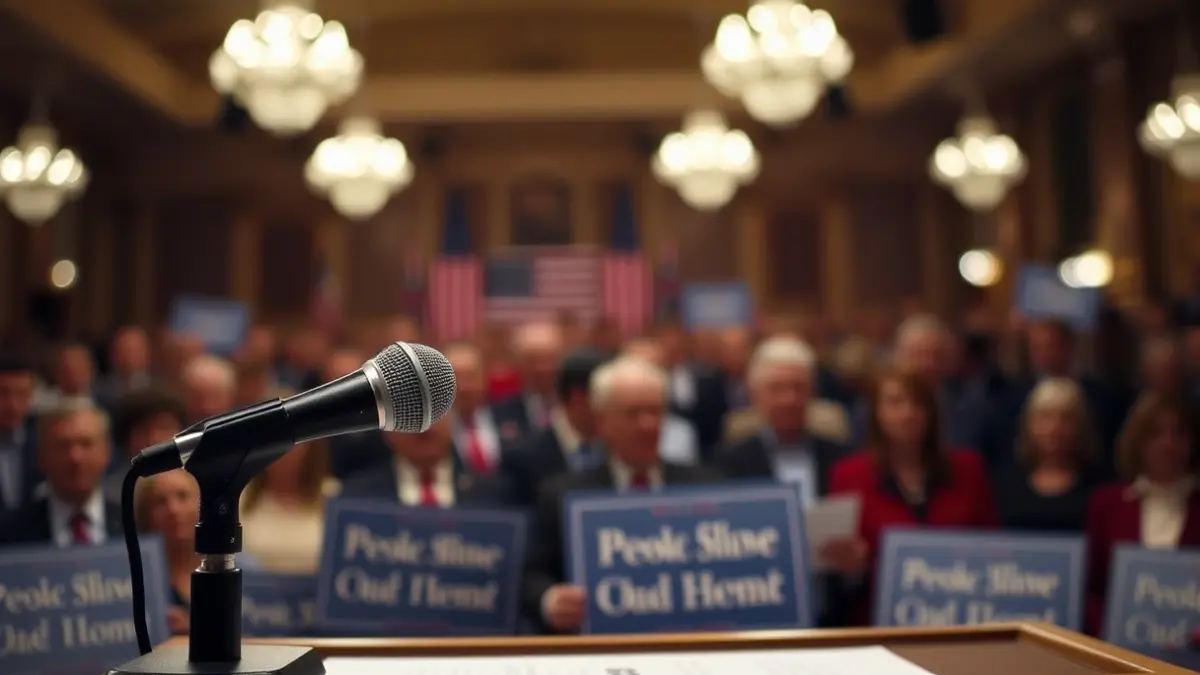 Imagen genérica de un micrófono en un podio durante una reunión política.