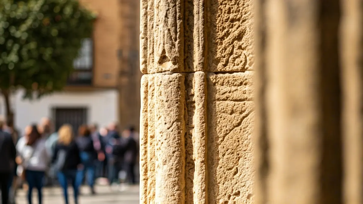 Imagen de un monumento antiguo con señalización deteriorada en Cádiz.