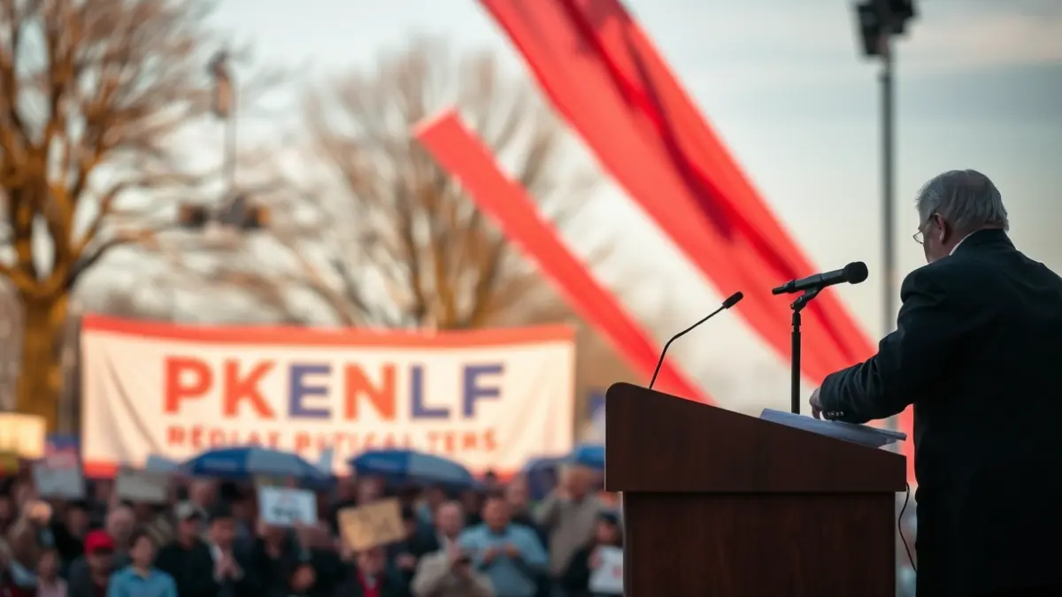Generic image of a political rally with a microphone on a podium and a blurred crowd in the background.