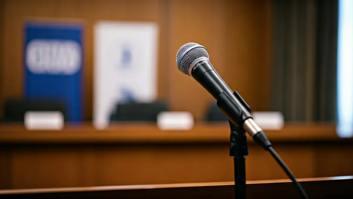 Imagen genérica de un atril con micrófono en una sala de reuniones, simbolizando negociaciones políticas.