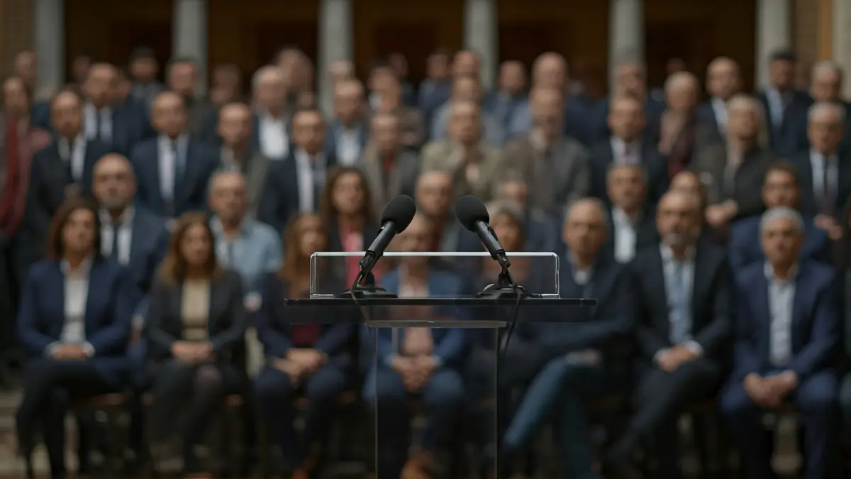 Image of a tense political debate with microphones and a divided audience.