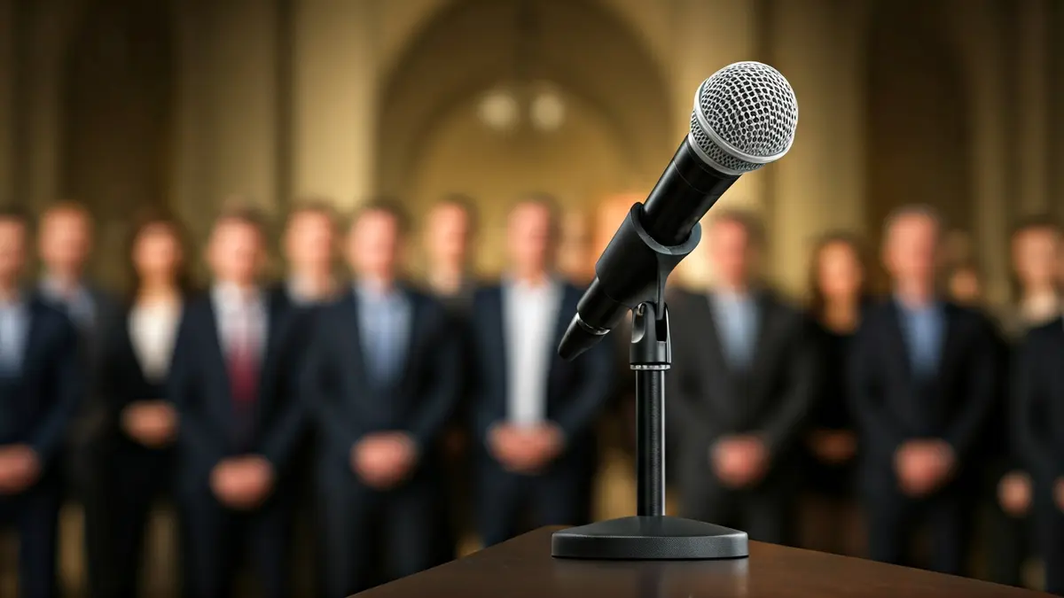 Generic image of a microphone on a podium during a press conference.