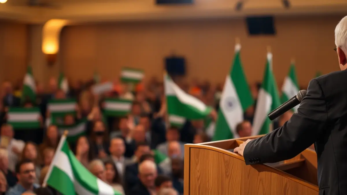 Image of a political rally with a microphone on the podium and a blurred crowd in the background.