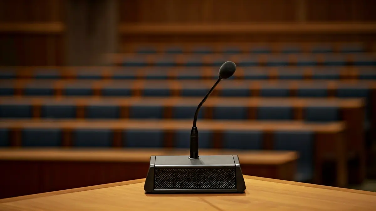 Imagen genérica de un micrófono en un podio en un salón de actos político.