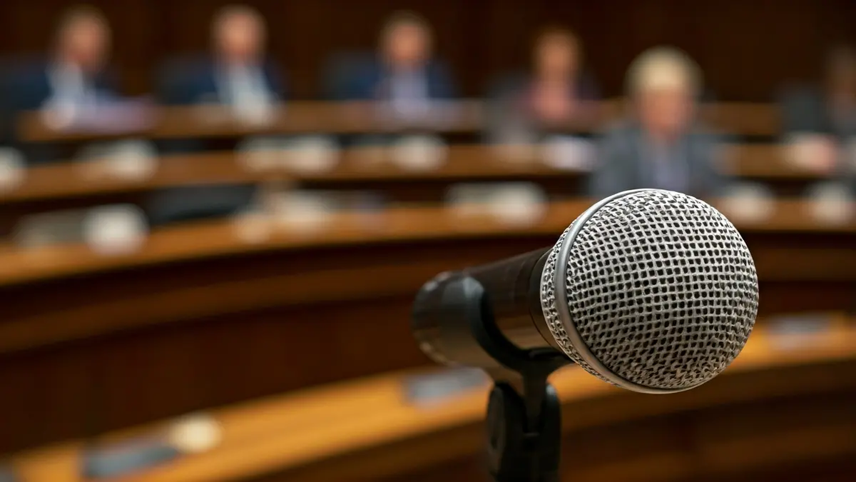 Imagen genérica de un micrófono en un podio en una sala de plenos, simbolizando un debate político.